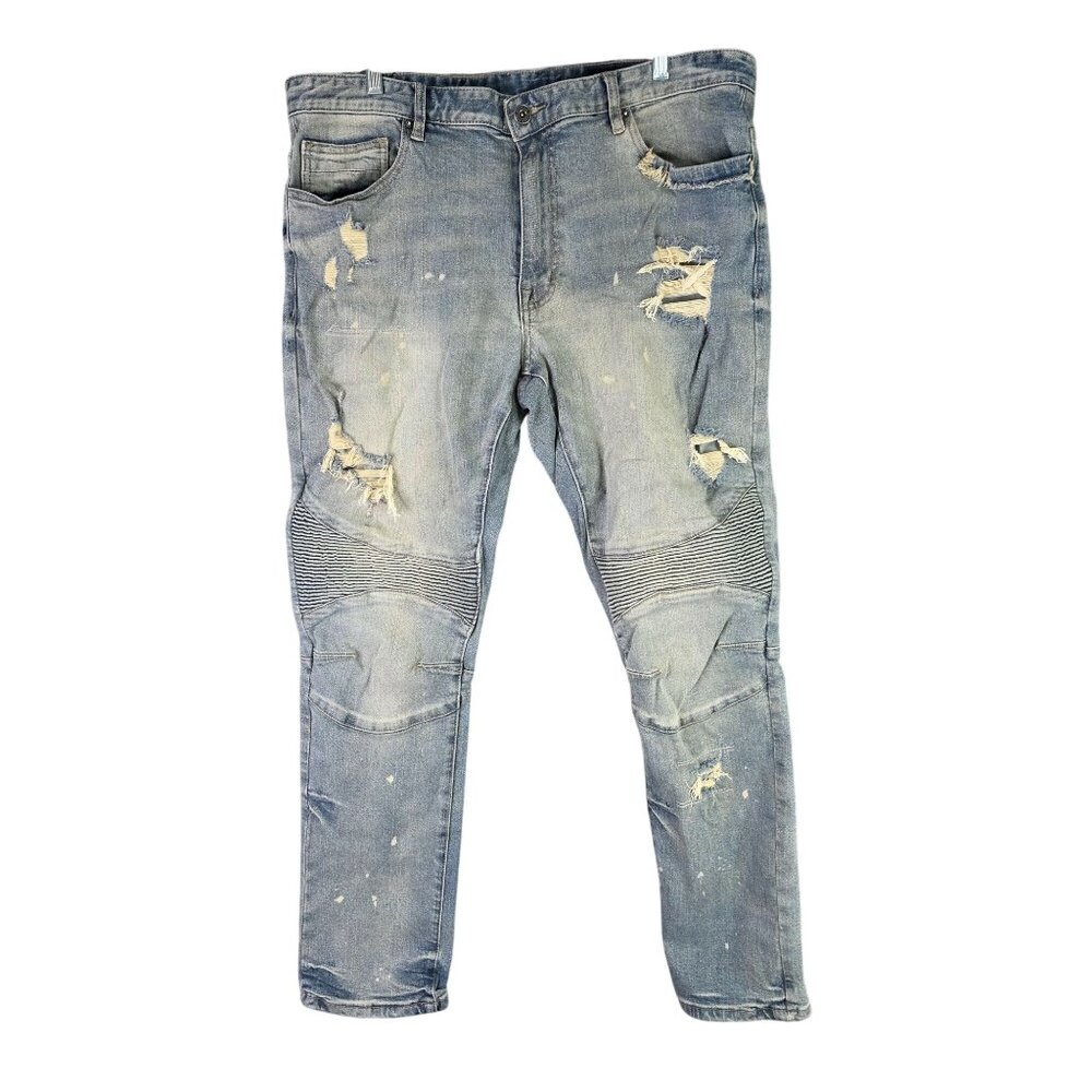 Mens Smoke Rise Distressed Blue Denim Jeans Cotton Stretch Med Wash Size 38X32
